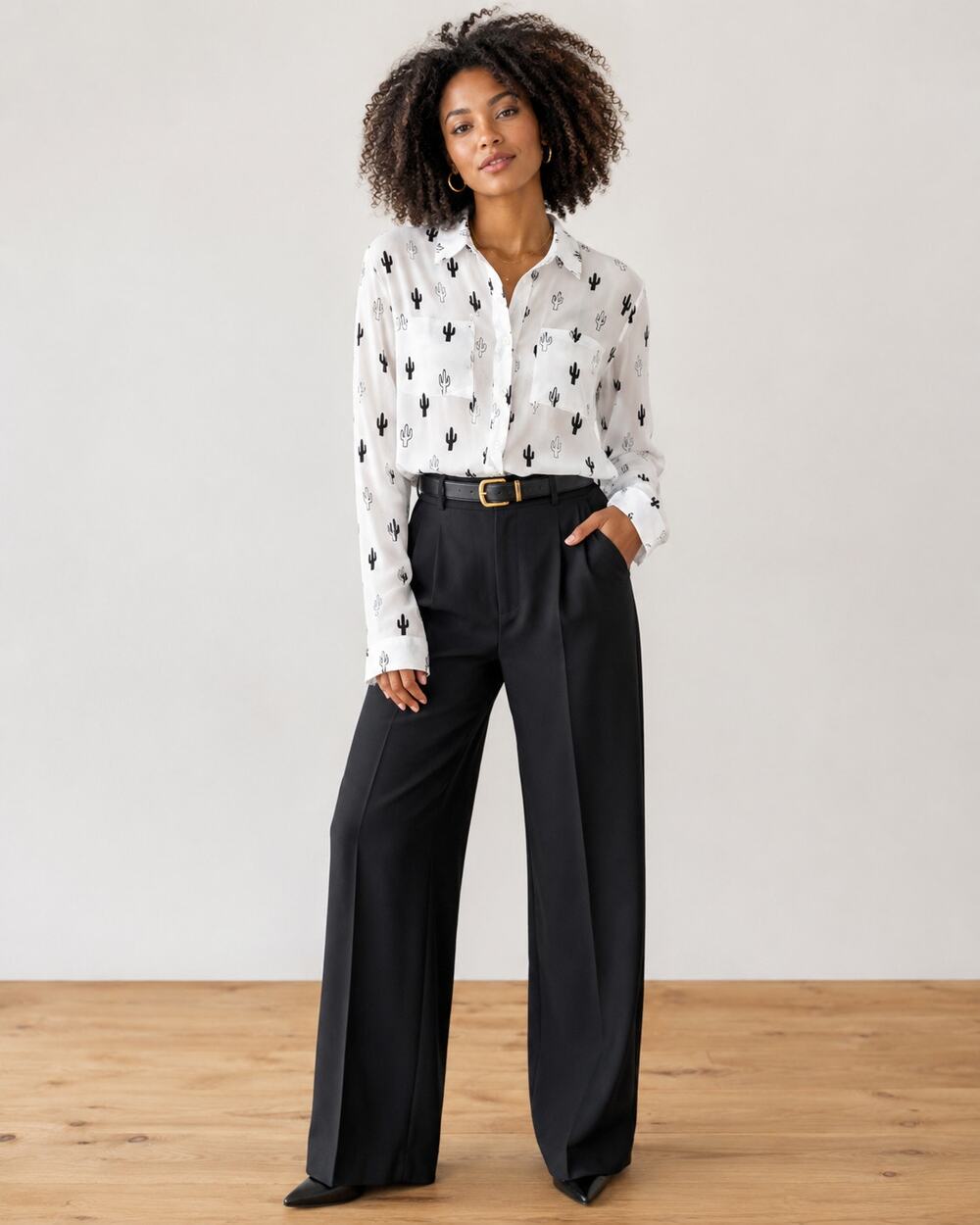 Rebellious One Cactus Print Button Down Shirt XS Rayon Black White Western Top